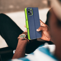 Peňaženkové puzdro Fancy Book na Apple iPhone 15 Pro Námornícka modrá / Limetkovo zelený
