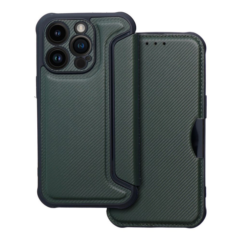 Peňaženkové puzdro Razor Book na Apple iPhone 14 Pro Uhlíkové vlákno, Karbónový vzor  Tmavo zelený