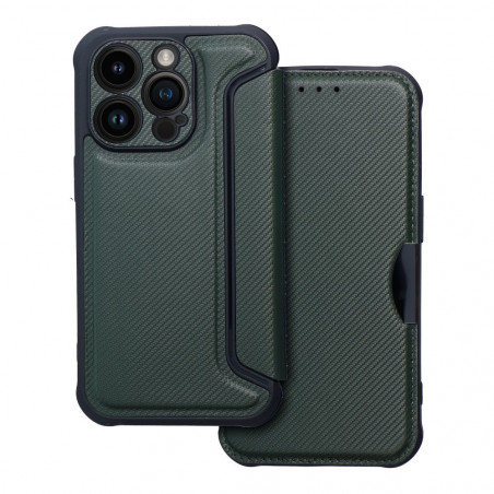 Peňaženkové puzdro Razor Book na Apple iPhone 14 Pro Uhlíkové vlákno, Karbónový vzor  Tmavo zelený