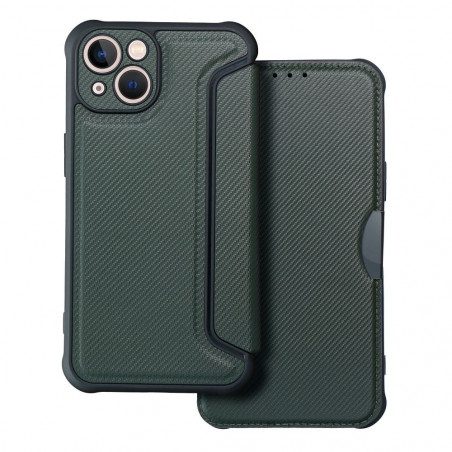 Peňaženkové puzdro Razor Book na Apple iPhone 13 Uhlíkové vlákno, Karbónový vzor Tmavo zelený