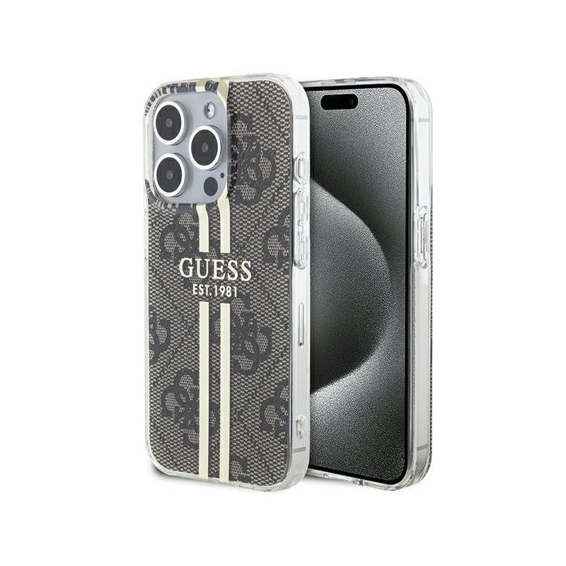 Kryt Guess 4G Gold Stripe na Apple iPhone 15 Pro Elegant  Hnedý