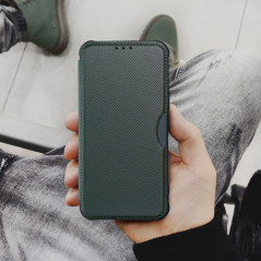 Peňaženkové puzdro Razor Book na Samsung Galaxy S23 FE Uhlíkové vlákno, Karbónový vzor  Tmavo zelený
