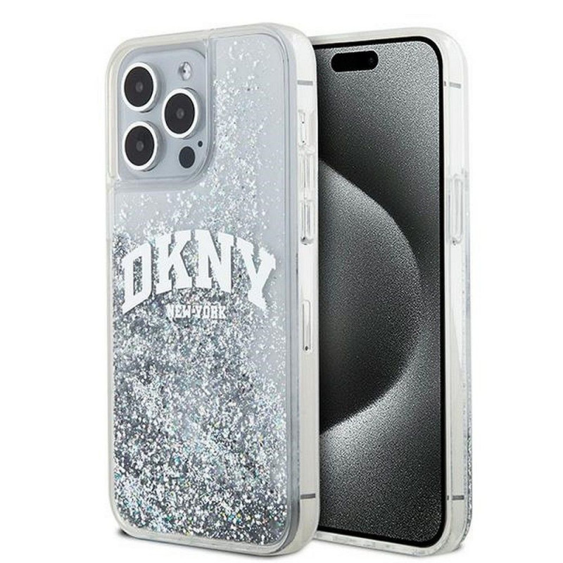 Kryt DKNY Liquid Glitters Arch Logo na Apple iPhone 15 Pro Biely