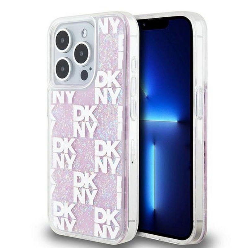 Kryt DKNY Liquid Glitters Checkered Pattern na Apple iPhone 15 Pro Ružový