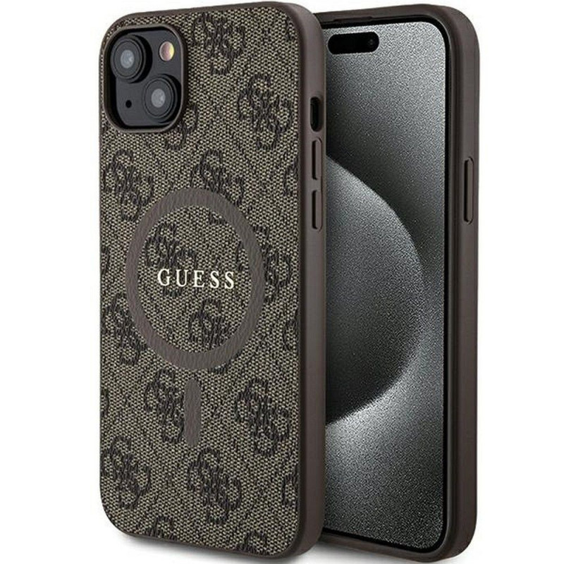 Kryt Guess Leather 4G Metal Logo na Apple iPhone 15 Plus Hnedý